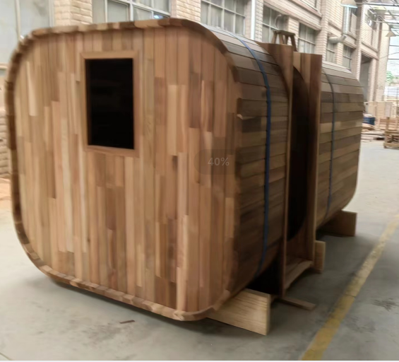 Cedar Barrel Sauna with Curved Roof and Central Glass Entry Door Door and glass