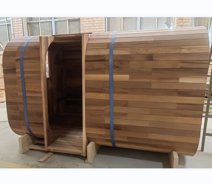 Cedar Barrel Sauna with Curved Roof and Central Glass Entry Door Side profile