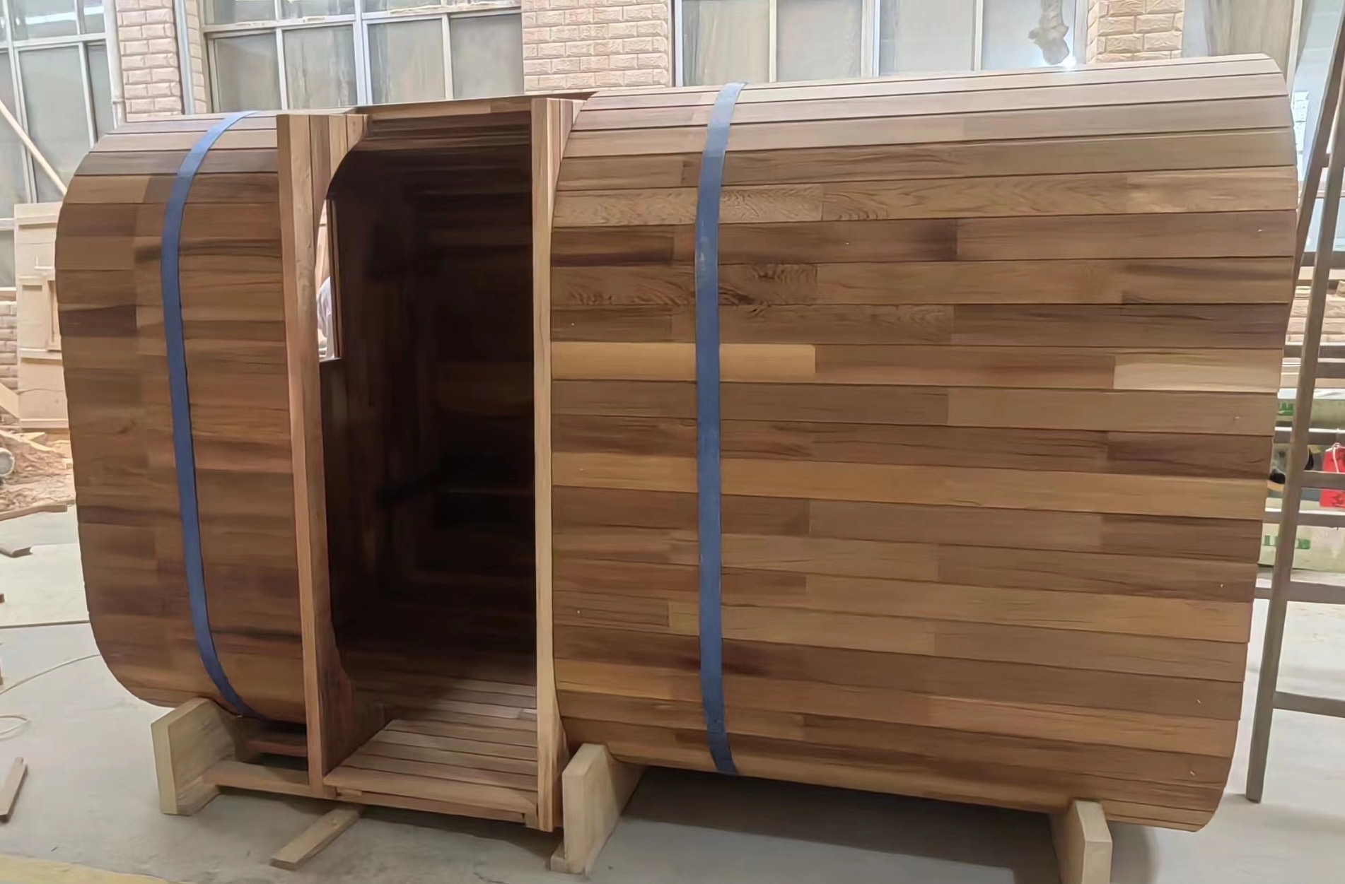 Cedar Barrel Sauna with Curved Roof and Central Glass Entry Door Buyer reference