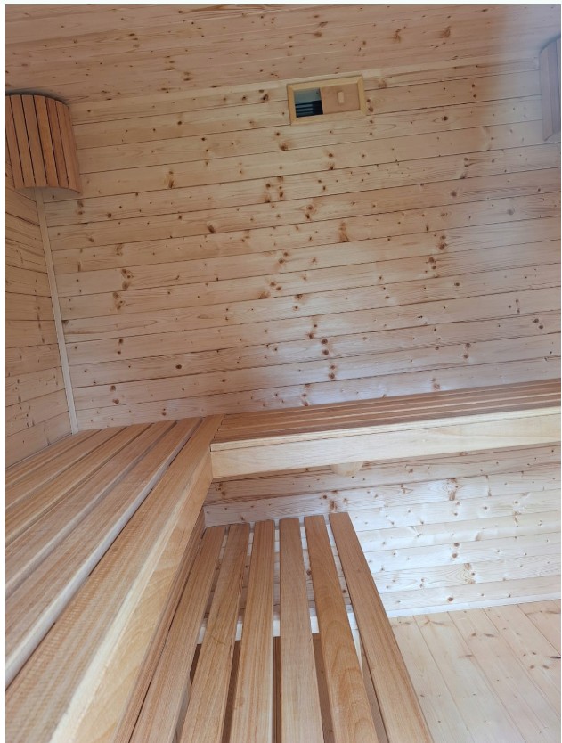 Prefab Sauna Room and Barrel Hot Tub Retreat CSA-521 Door and glass