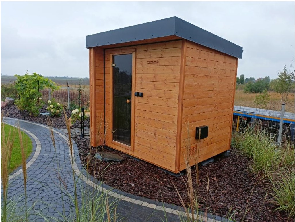 Compact Outdoor Sauna Cabin with Black Roof CSA-227 Door and glass