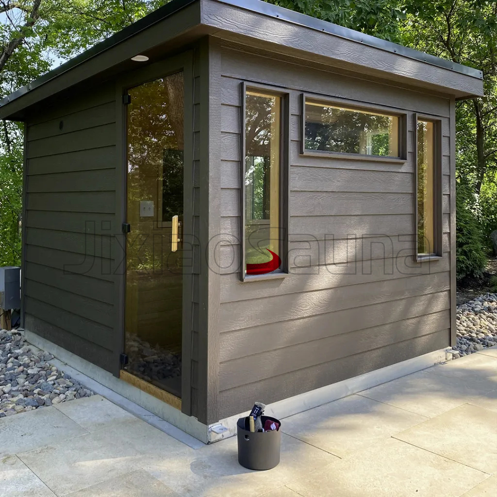 Compact Outdoor Sauna House Elegant Brown Finish & Durable Construction Private Wellness Sanctuary Interior detail