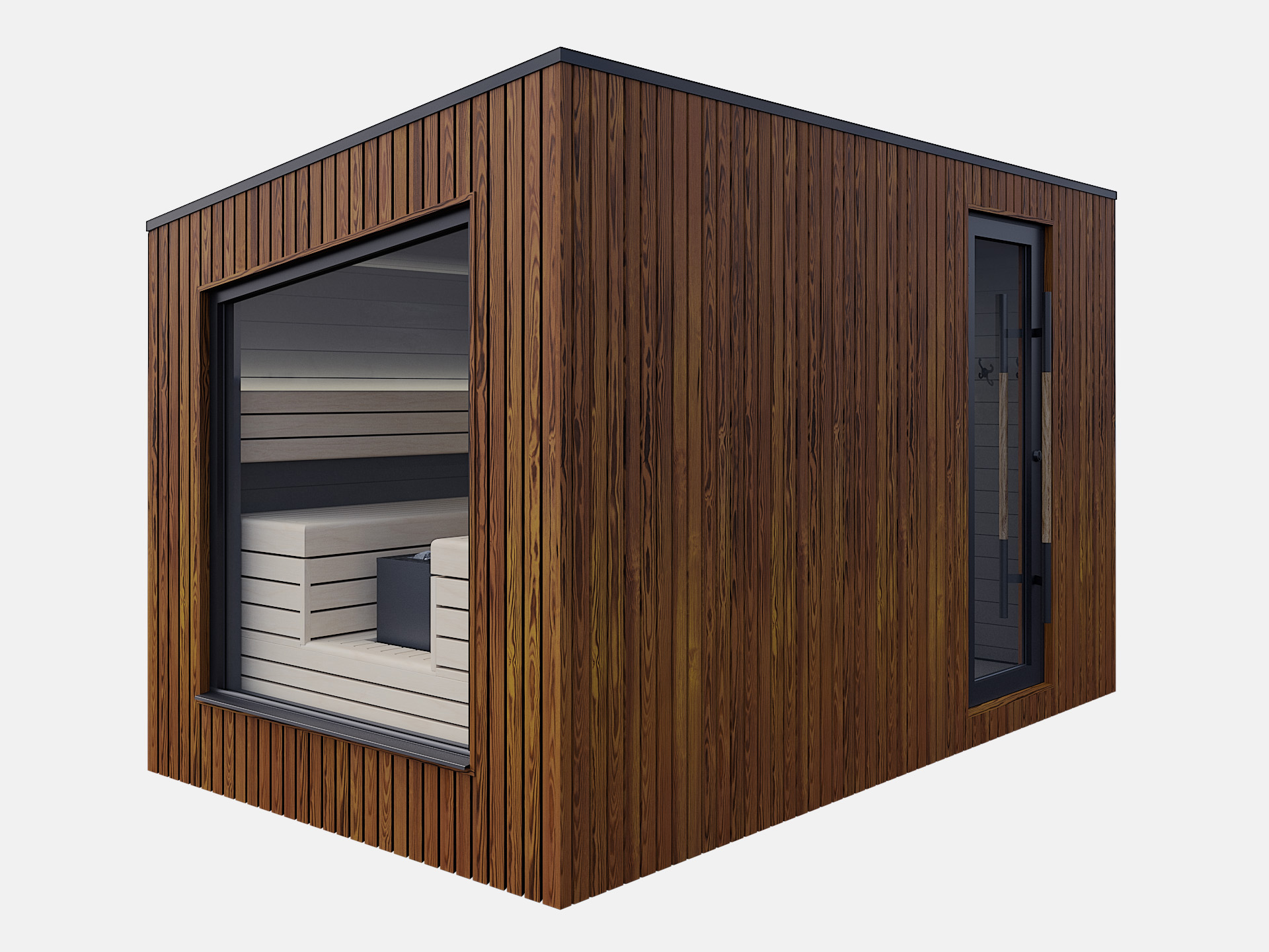 Contemporary Garden Sauna Room with Tall Glass Front and Wood Trim Interior detail