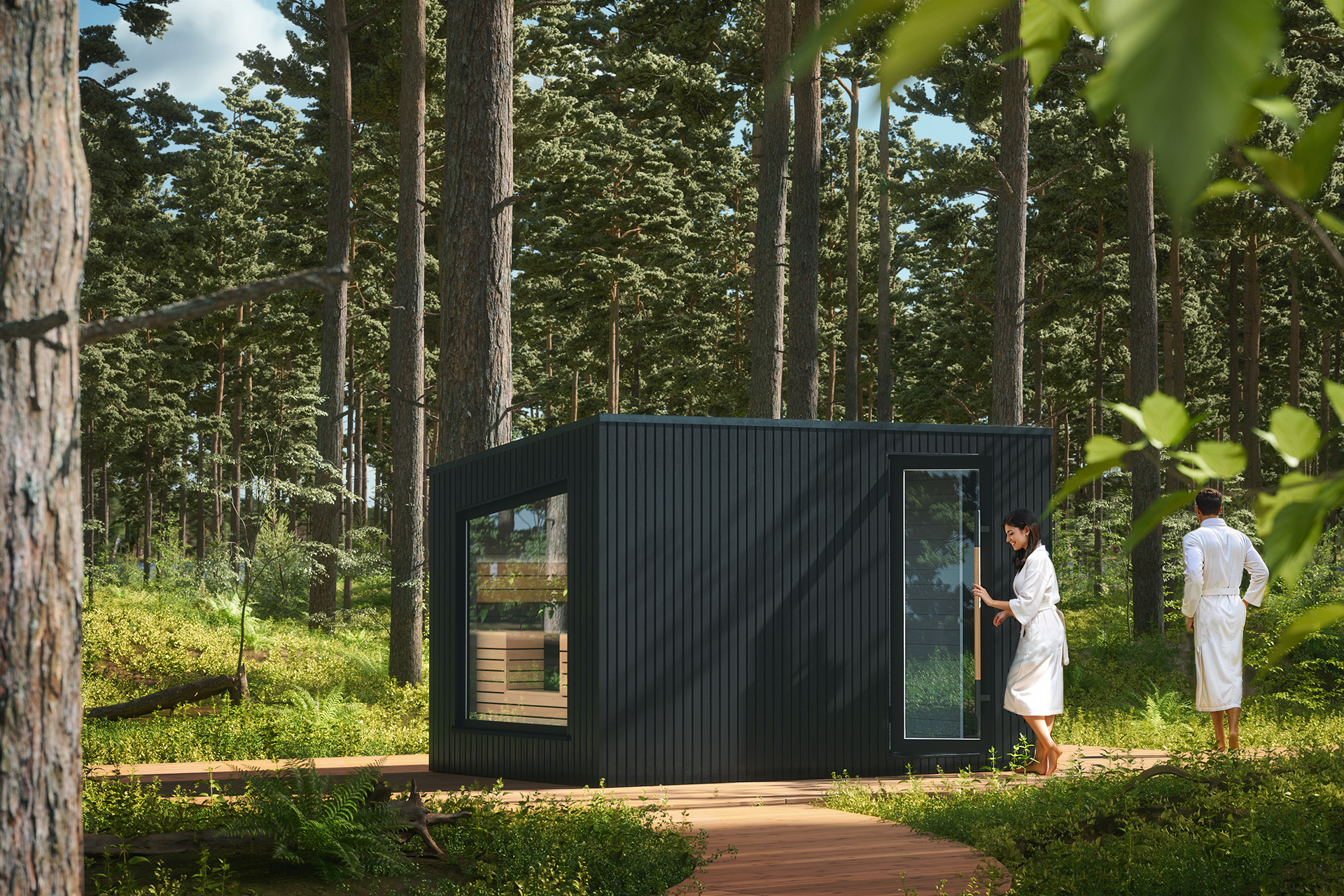 Contemporary Garden Sauna Room with Tall Glass Front and Wood Trim Door and glass