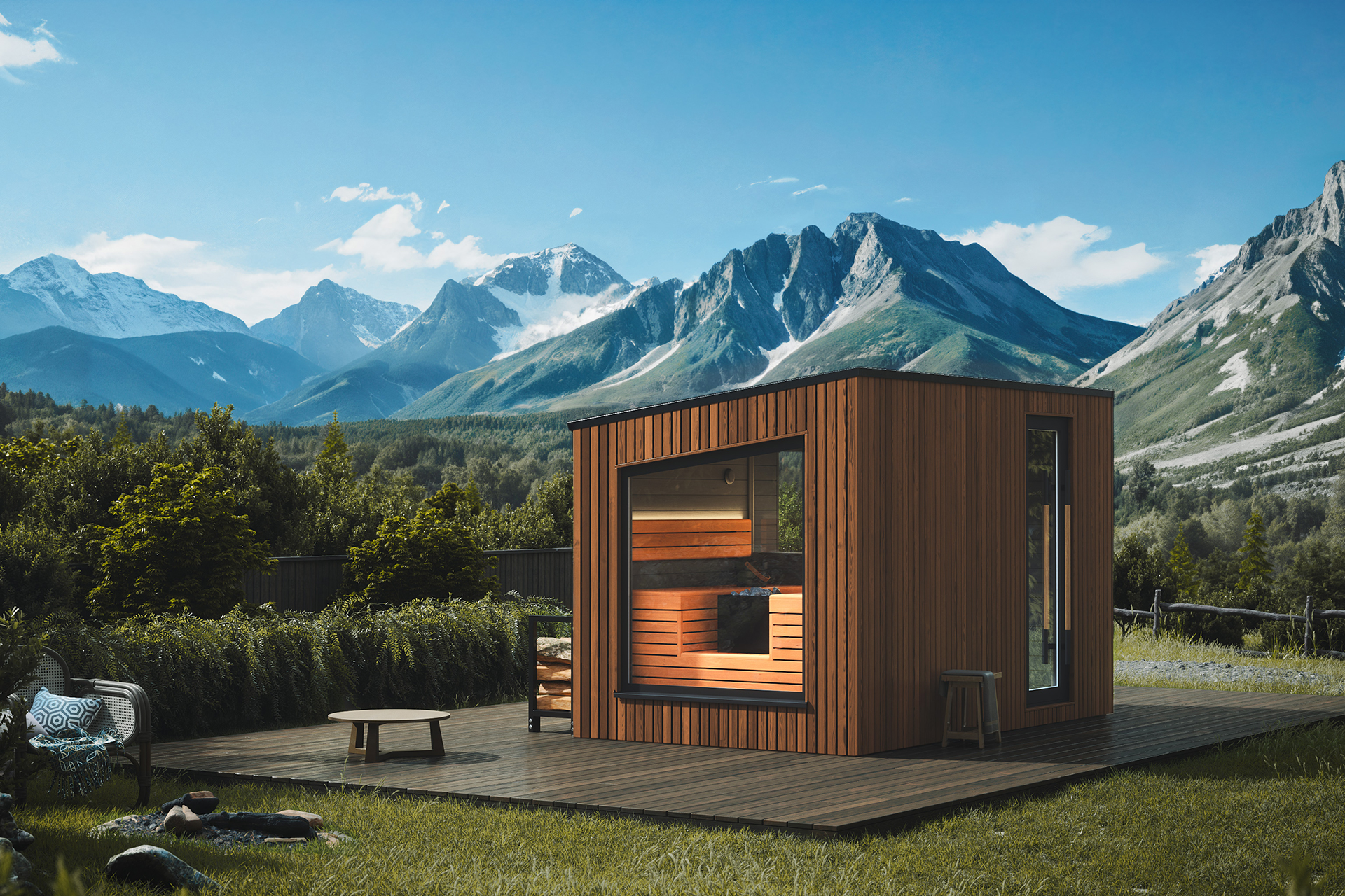 Contemporary Garden Sauna Room with Tall Glass Front and Wood Trim Side profile