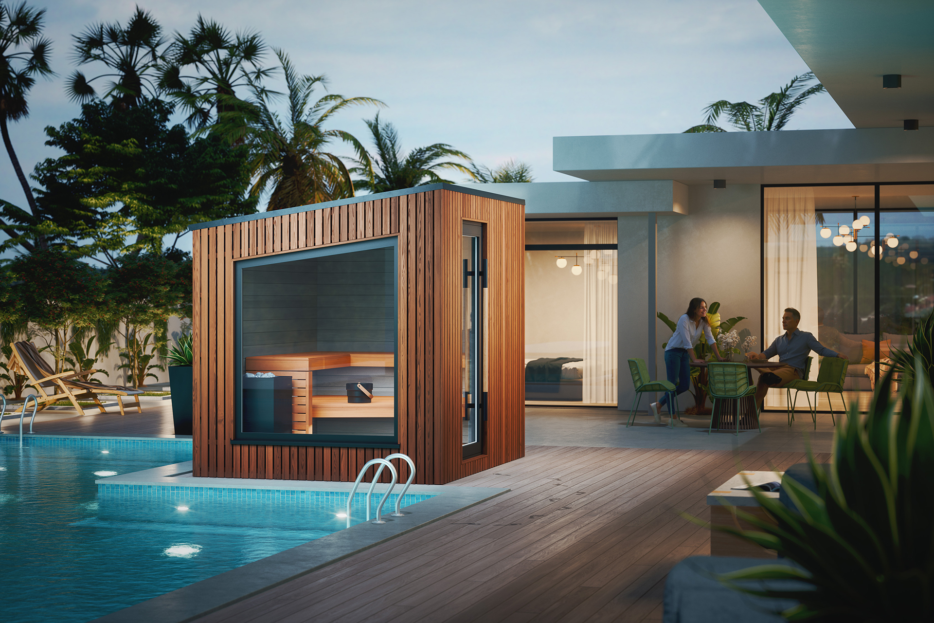 Contemporary Garden Sauna Room with Tall Glass Front and Wood Trim Buyer reference