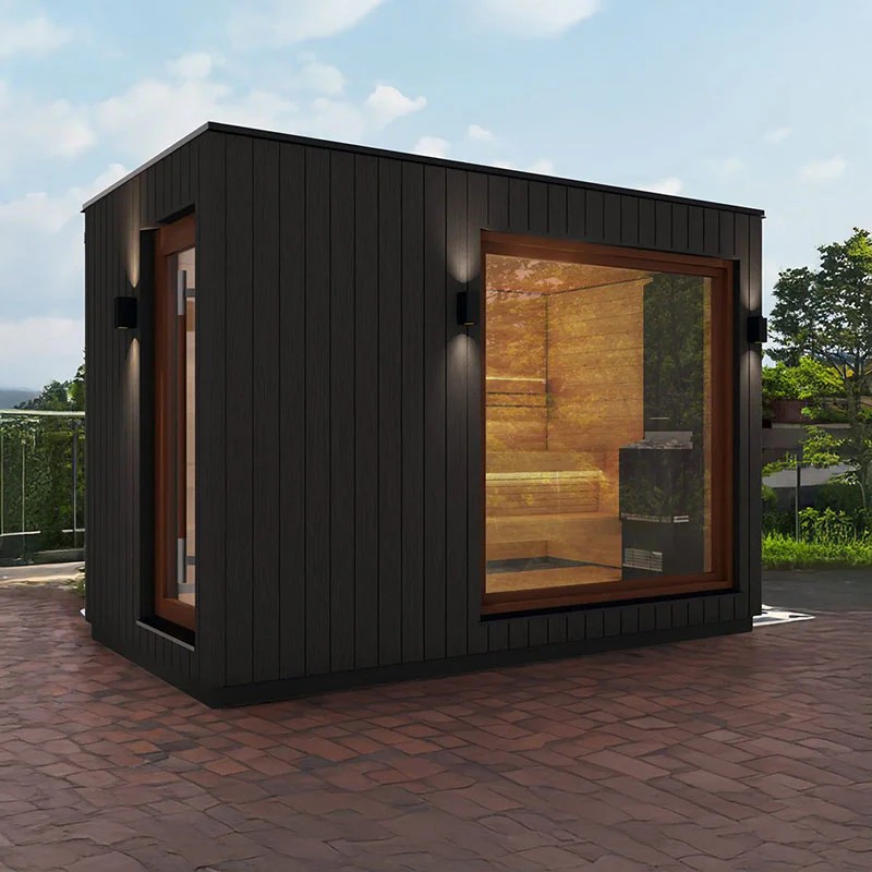 Contemporary Garden Sauna Room with Glass Facade and Wood Accent Wall Exterior angle