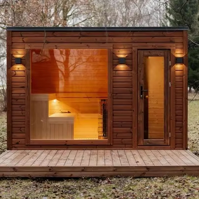 Contemporary Lakeside Sauna Pod with Integrated Wooden Deck CSA-269 Exterior angle