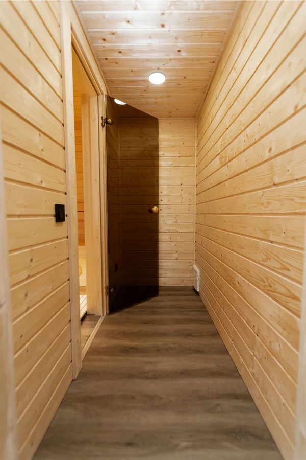 Contemporary Lakeside Sauna Pod with Integrated Wooden Deck CSA-269 Door and glass