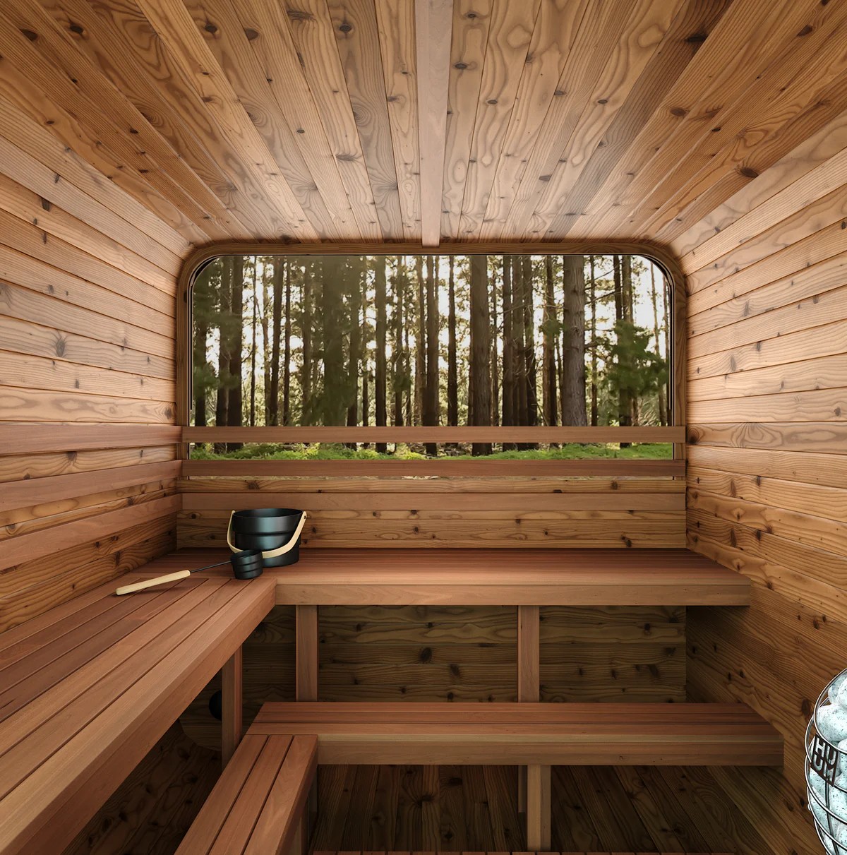 Curved Roof Red Cedar Barrel Sauna for Dealer Programs Cabin CSA-501 Interior detail