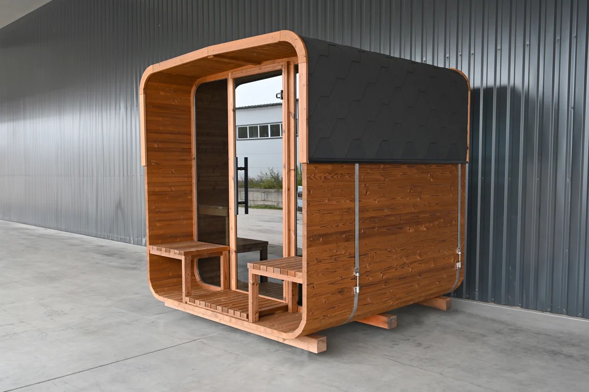 Curved Roof Red Cedar Barrel Sauna for Dealer Programs Cabin CSA-501 Door and glass