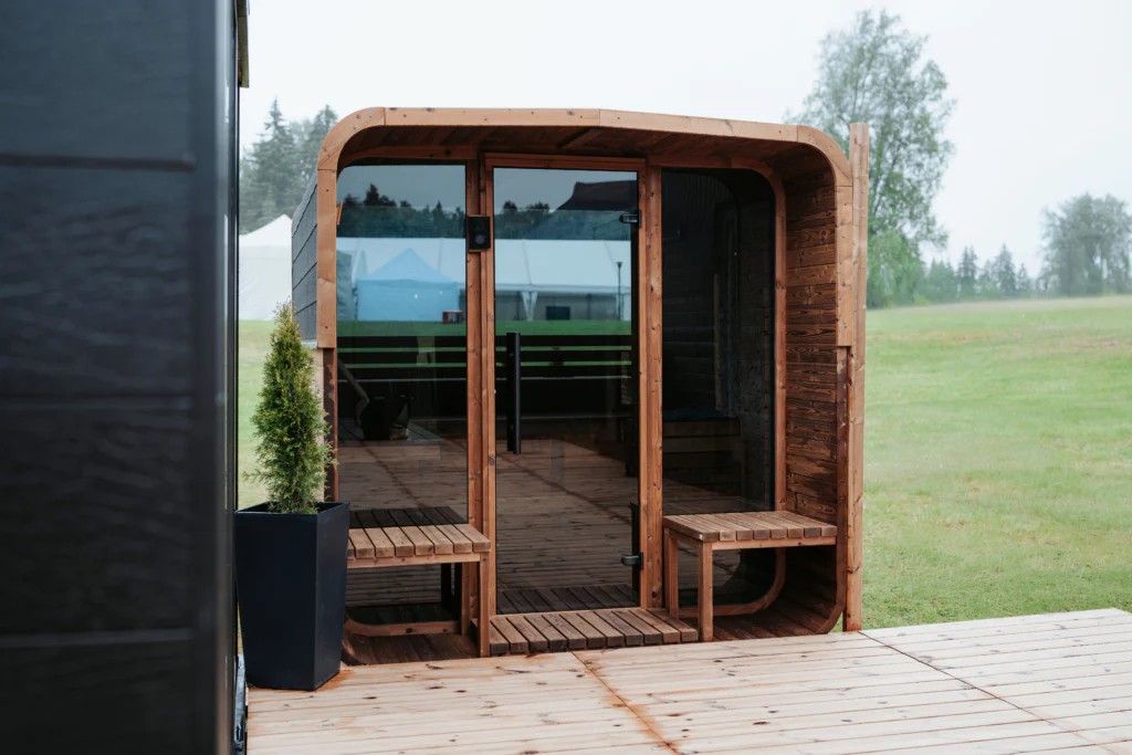 Curved Roof Red Cedar Barrel Sauna for Dealer Programs Cabin CSA-501 Side profile