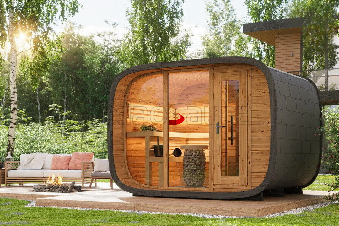 Curved Wooden Sauna Room with Large Windows Contemporary Outdoor Relaxation Space Interior detail