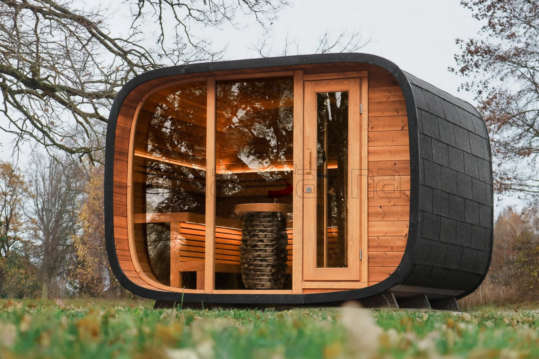 Curved Wooden Sauna Room with Large Windows Contemporary Outdoor Relaxation Space Door and glass