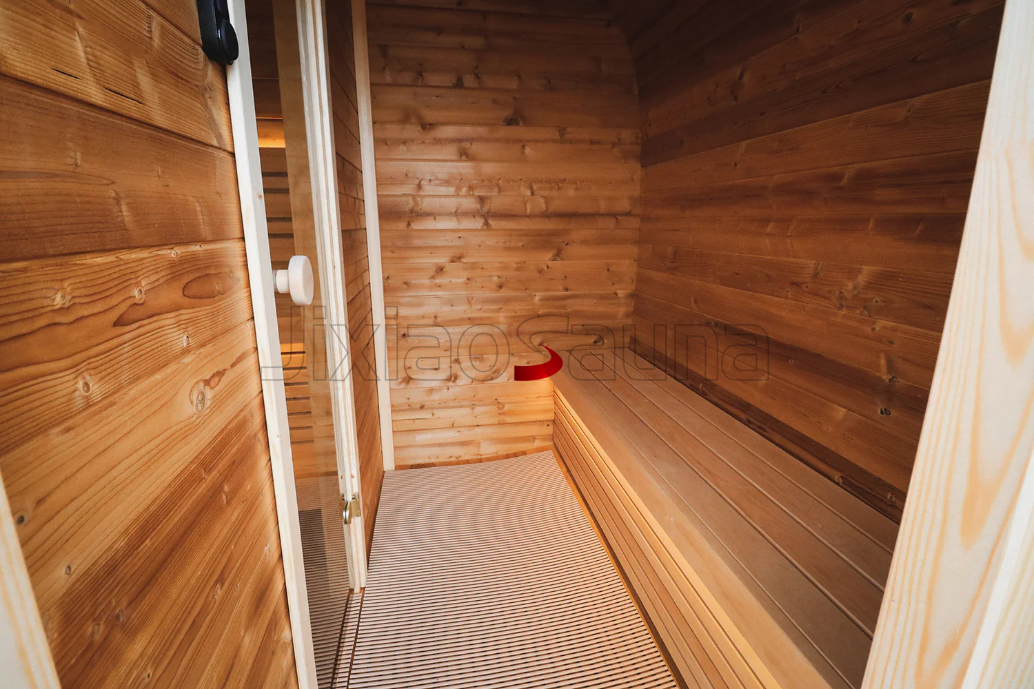Curved Wooden Sauna Room with Large Windows Contemporary Outdoor Relaxation Space Side profile