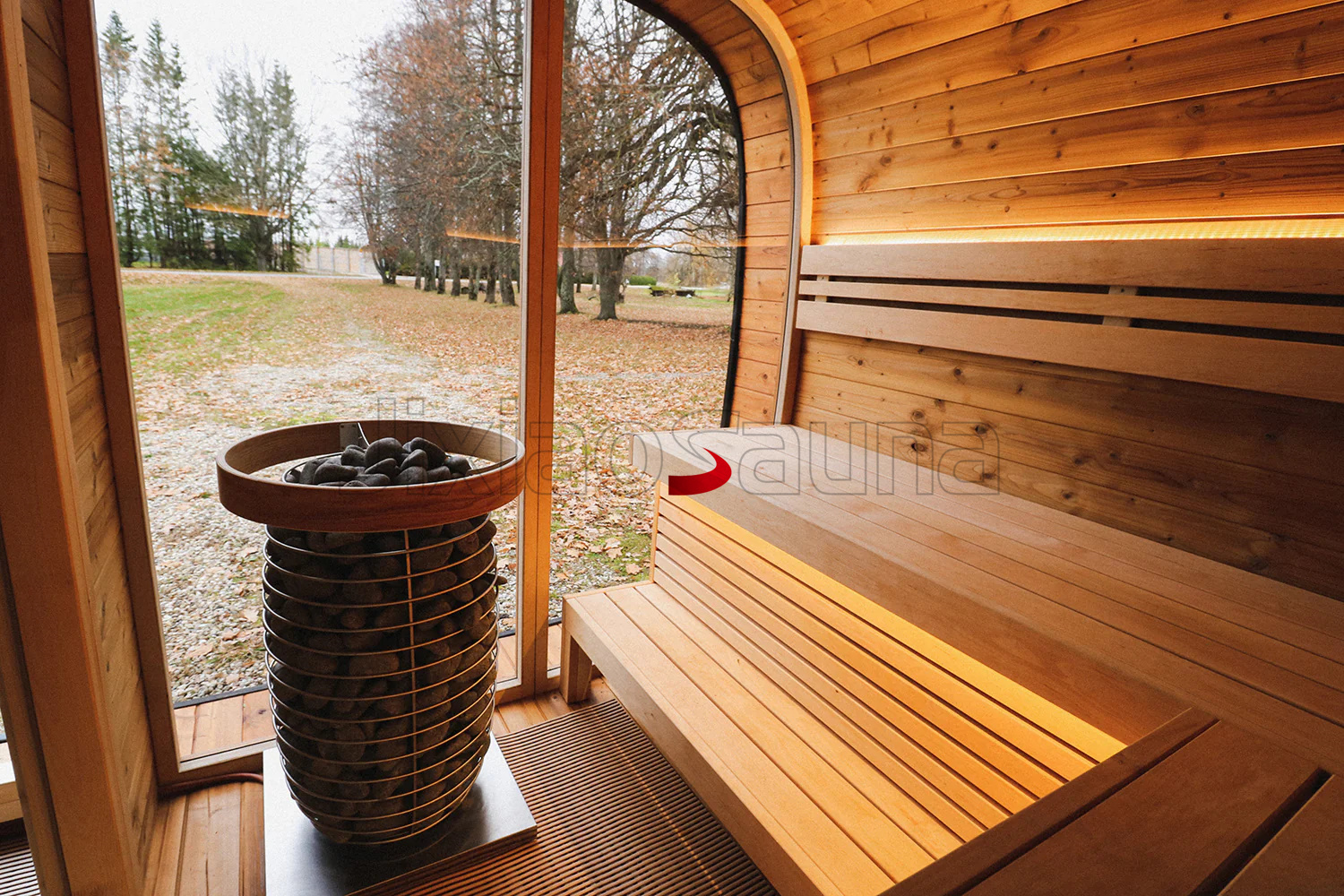 Curved Wooden Sauna Room with Large Windows Contemporary Outdoor Relaxation Space Buyer reference