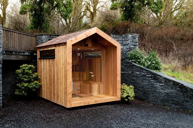 Dark Stained A-Frame Outdoor Sauna Cabin CSA-400 Interior detail