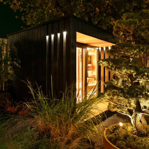 Dark Stained A-Frame Outdoor Sauna Cabin CSA-400 Door and glass