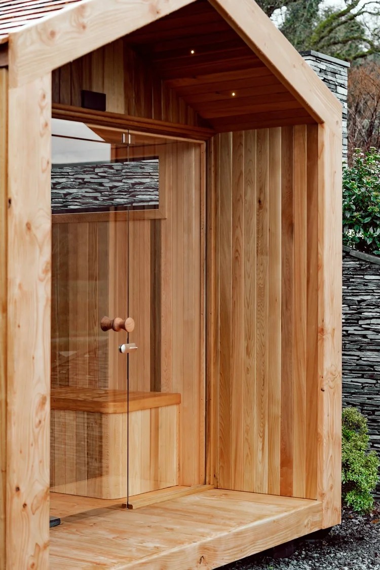 Dark Stained A-Frame Outdoor Sauna Cabin CSA-400 Side profile