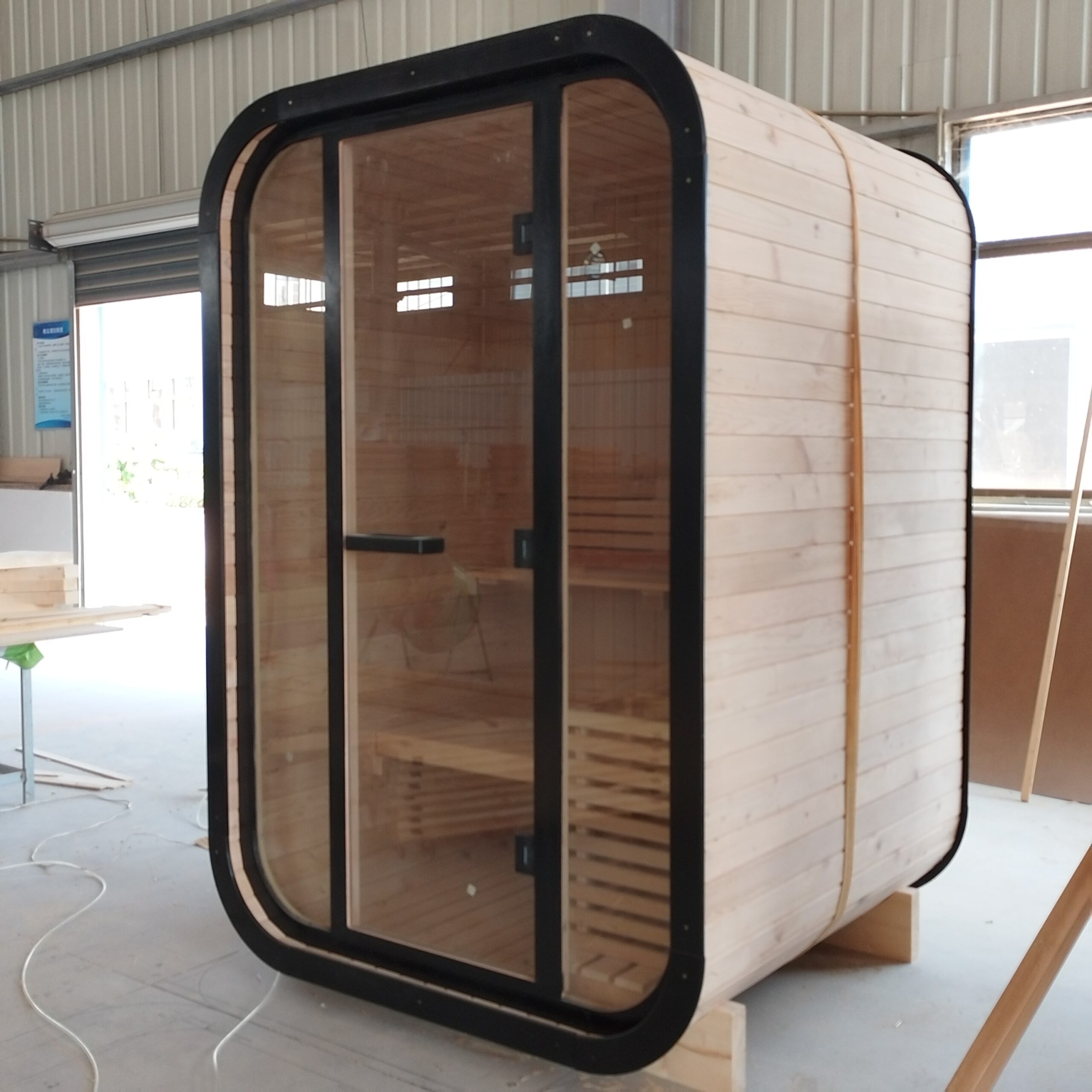 Durable Finnish Pine Electric Sauna Room Modern Solid Wood 220V Wet Steam Function Control Panel Transom Windows Villa Outdoor Side profile
