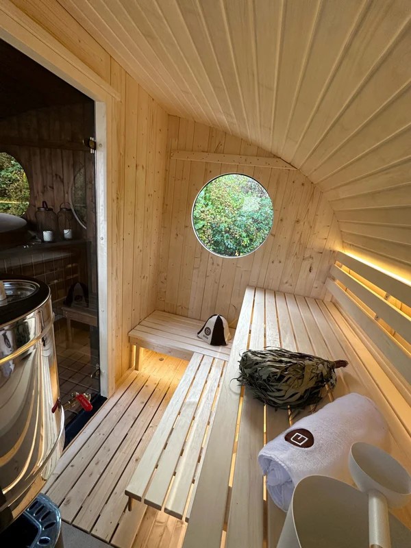 Egg-Shaped Outdoor Sauna Cabin with Hot Tub product image