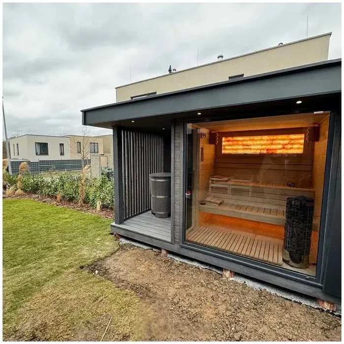 Full-Glass Prefab Wood Sauna Cabin CSA-16 Side view
