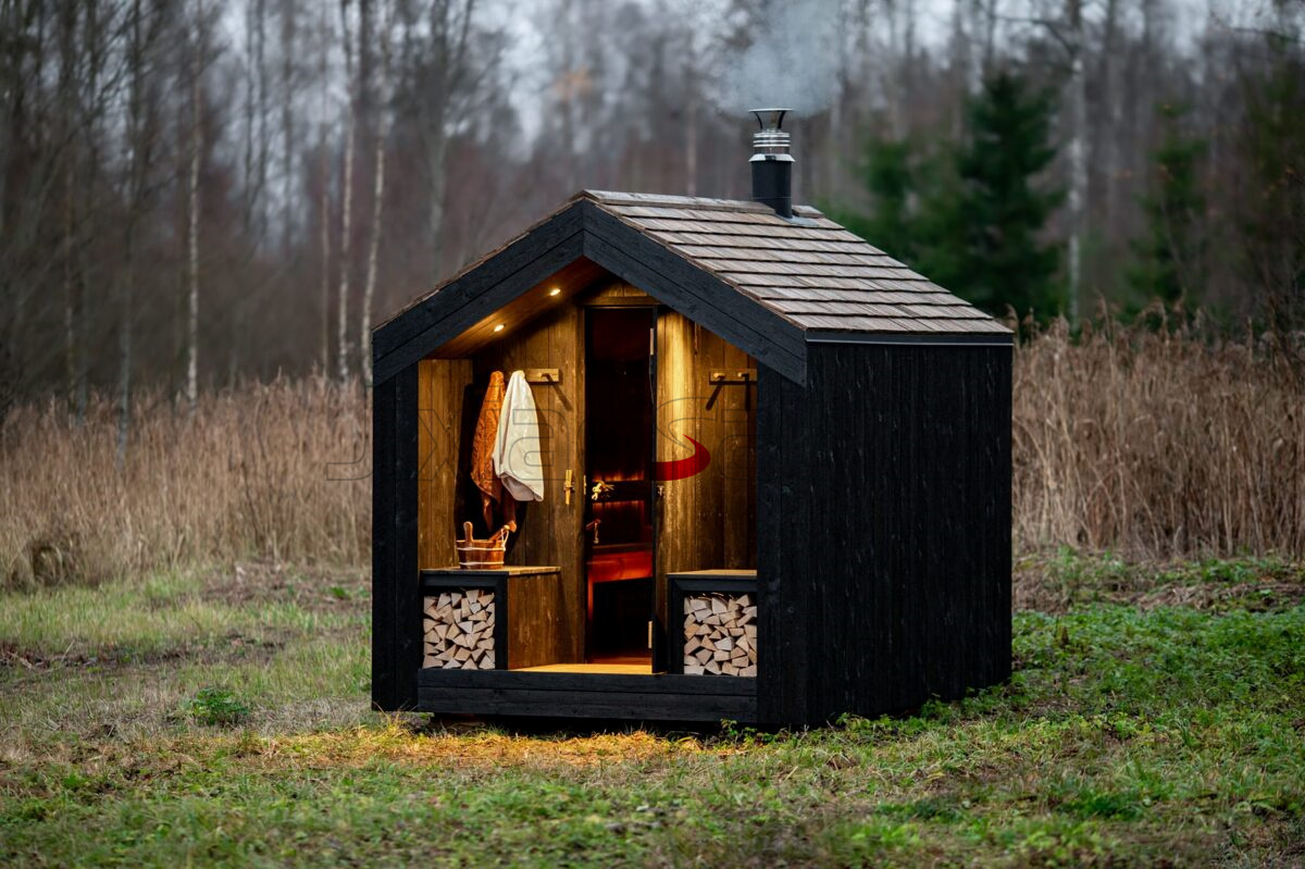 Handcrafted Traditional Wood Sauna with Rustic Charm and Efficient Heating System Door and glass