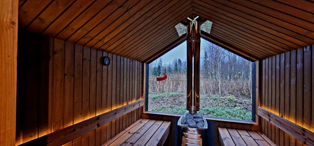 Handcrafted Traditional Wood Sauna with Rustic Charm and Efficient Heating System Side profile