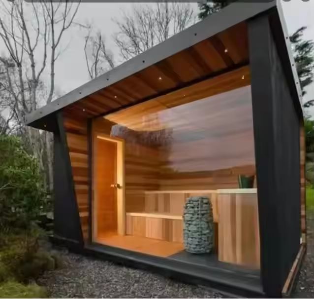 3 Person Hemlock Slant-Roof Panoramic Sauna Exterior angle