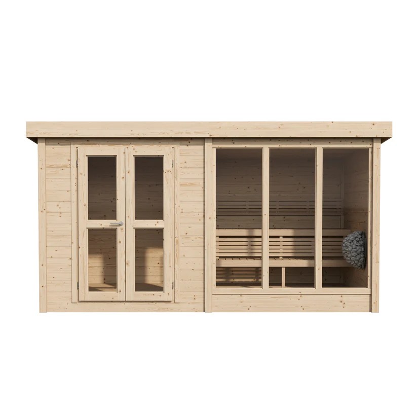 High Quality Outdoor Sauna Room 4 Person Waterproof Wooden Sauna with Tempered Glass Fast Heating for Patio Villa Side profile