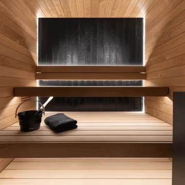 Luxurious Custom-built Sauna Room, Fir Interior and Exterior, 3-person Sauna, Electric Heater Door and glass