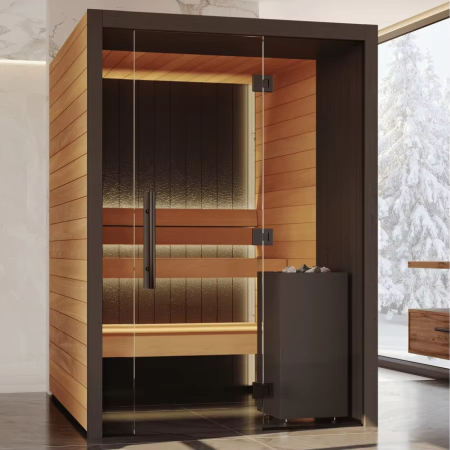 Luxurious Custom-built Sauna Room, Fir Interior and Exterior, 3-person Sauna, Electric Heater Side profile
