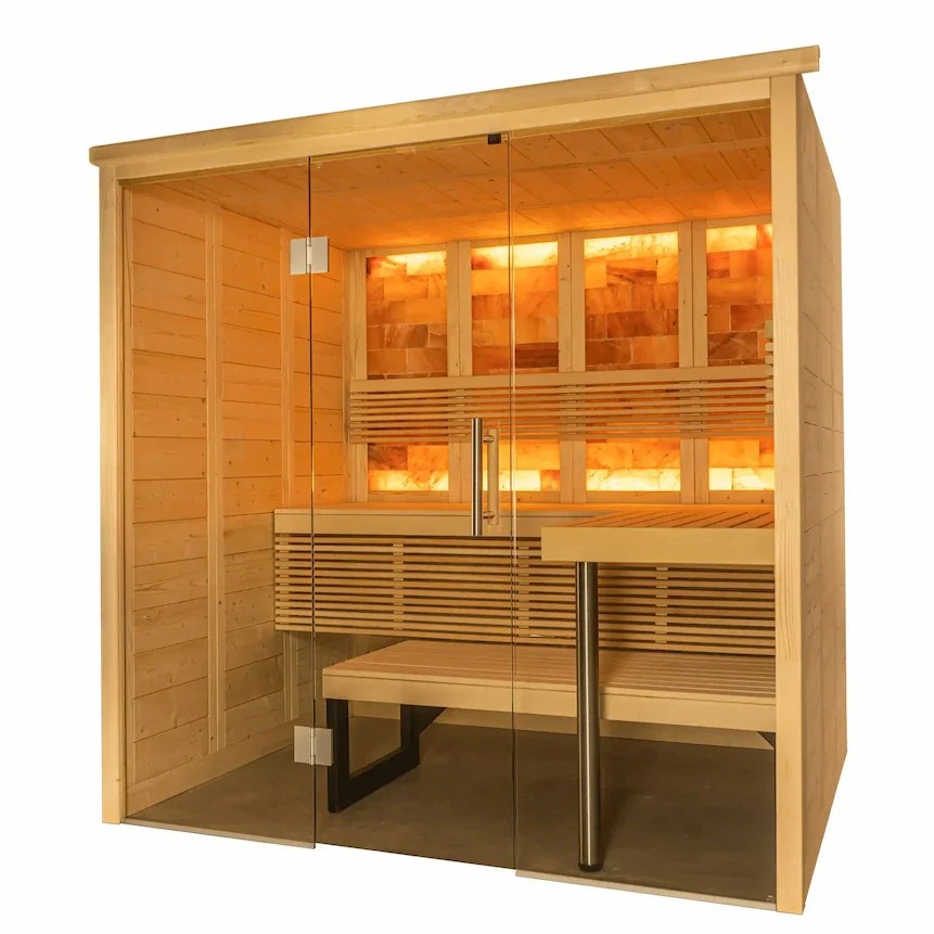 Sloped-Roof Indoor Sauna with Backlit Salt Wall and L-Bench CSA-517 product view 2