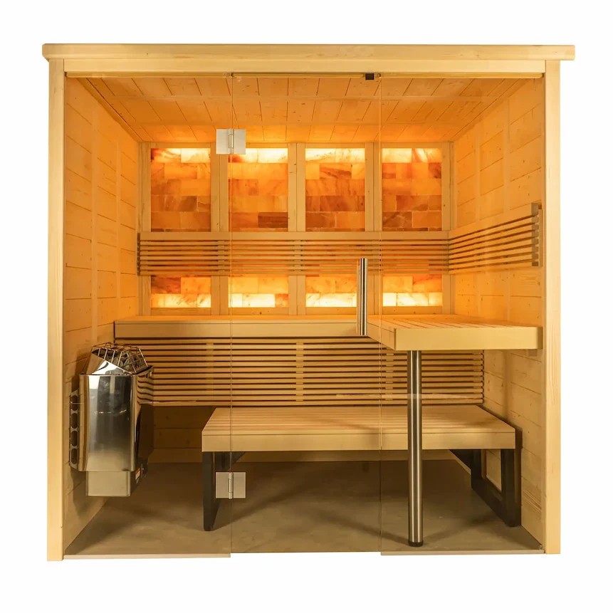 Sloped-Roof Indoor Sauna with Backlit Salt Wall and L-Bench CSA-517 product view 3