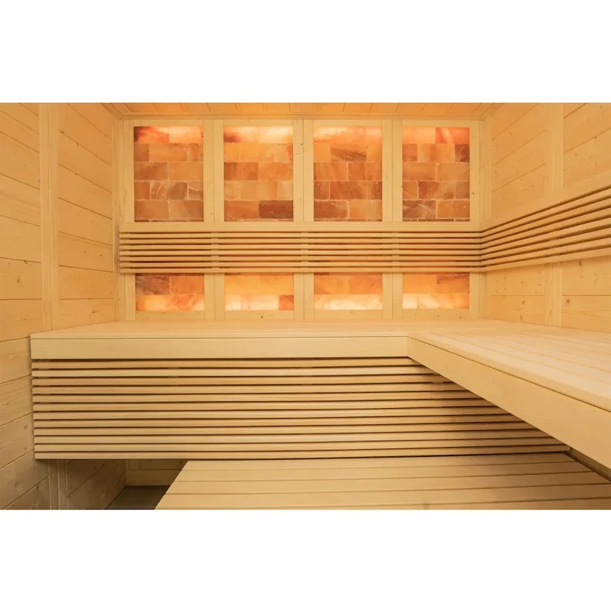 Sloped-Roof Indoor Sauna with Backlit Salt Wall and L-Bench CSA-517 product view 4