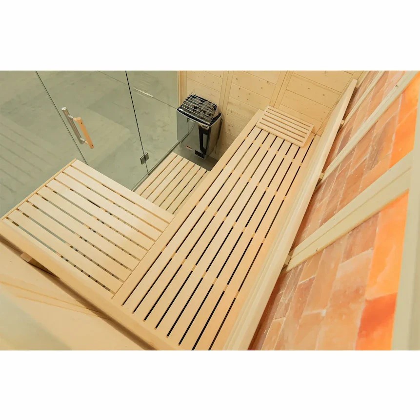 Sloped-Roof Indoor Sauna with Backlit Salt Wall and L-Bench CSA-517 product view 5