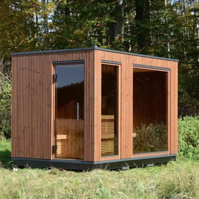 Luxury Black Wooden Sauna Room with Transparent Glass for Outdoor Wellness Use Exterior angle