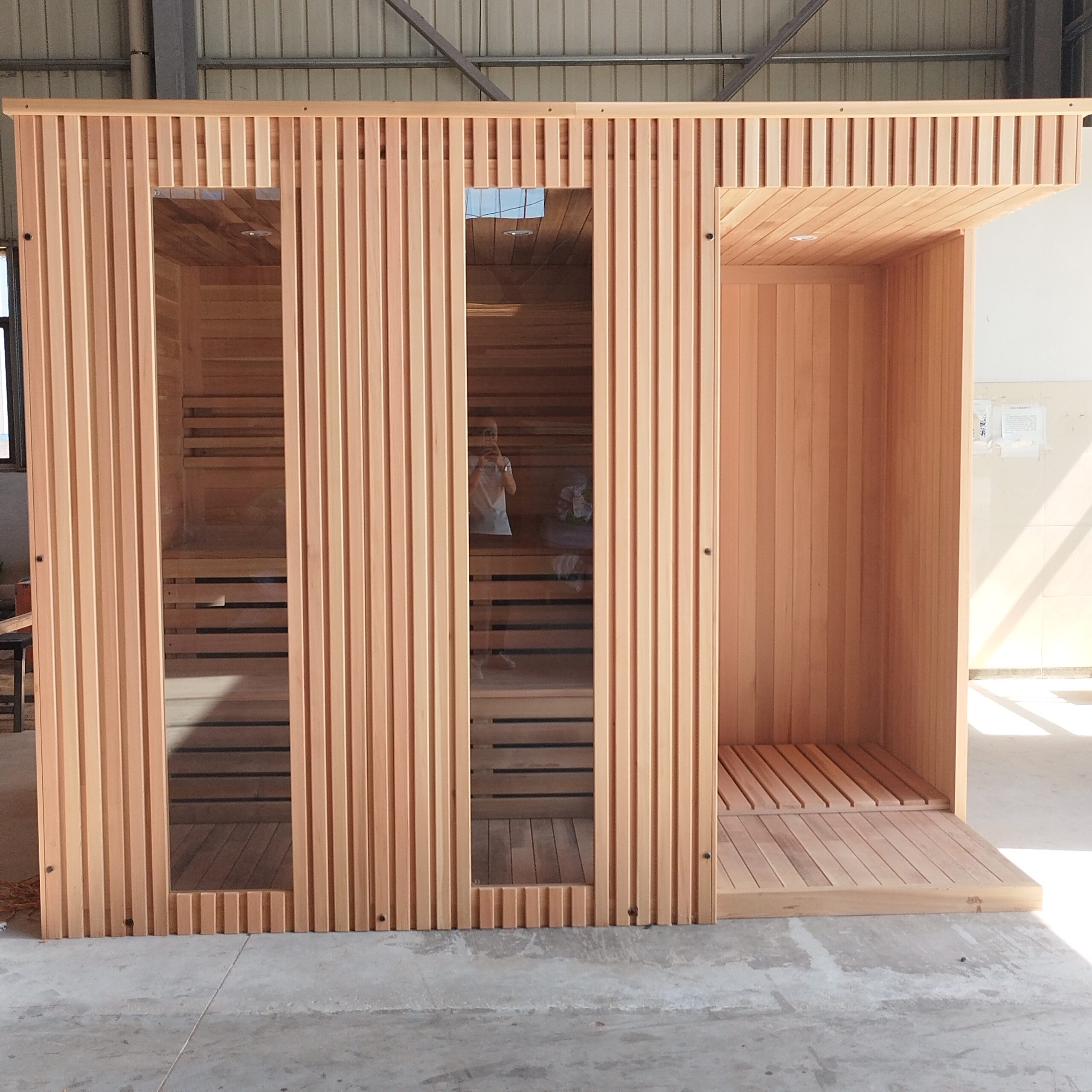 Luxury Black Wooden Sauna Room with Transparent Glass for Outdoor Wellness Use Interior detail
