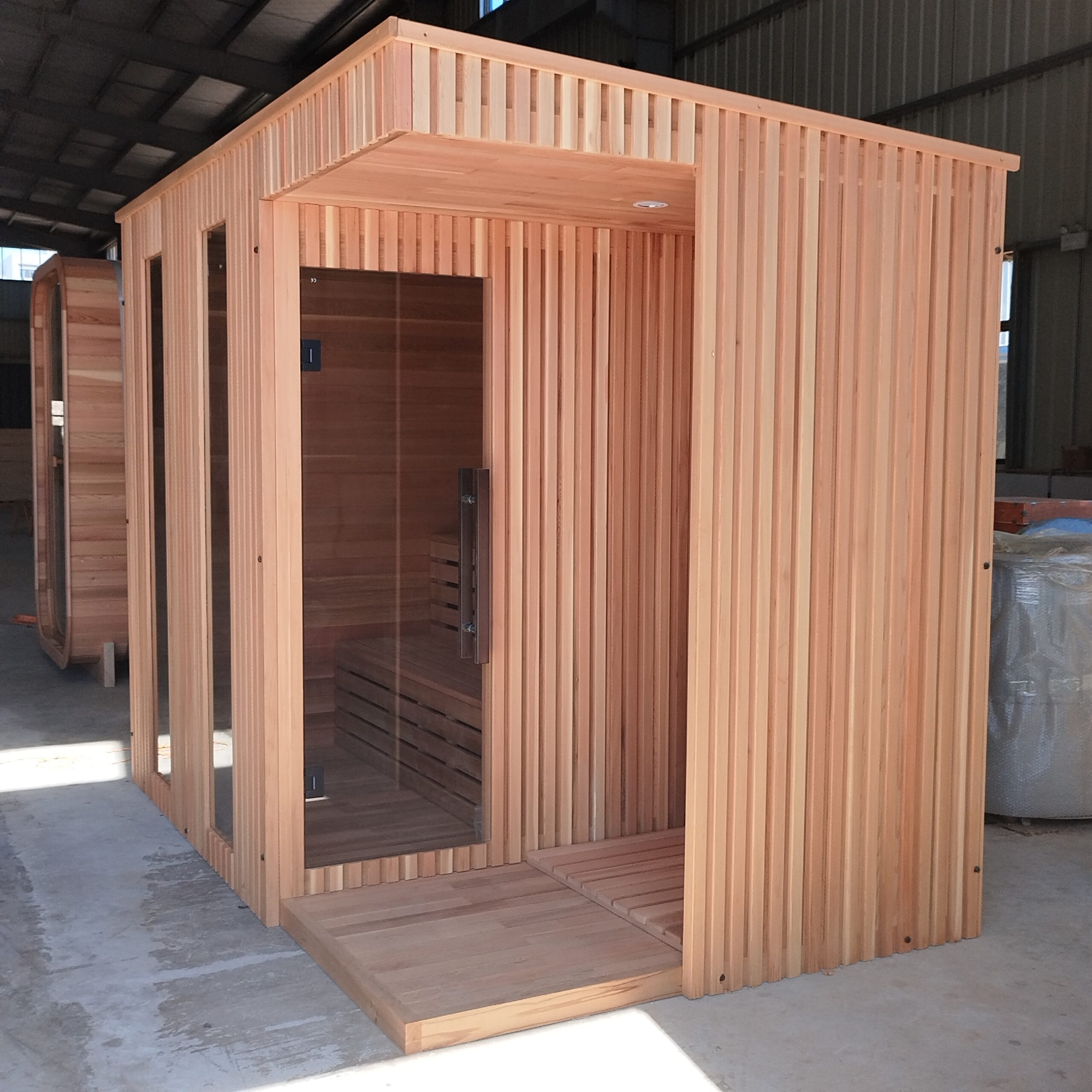 Luxury Black Wooden Sauna Room with Transparent Glass for Outdoor Wellness Use Side profile