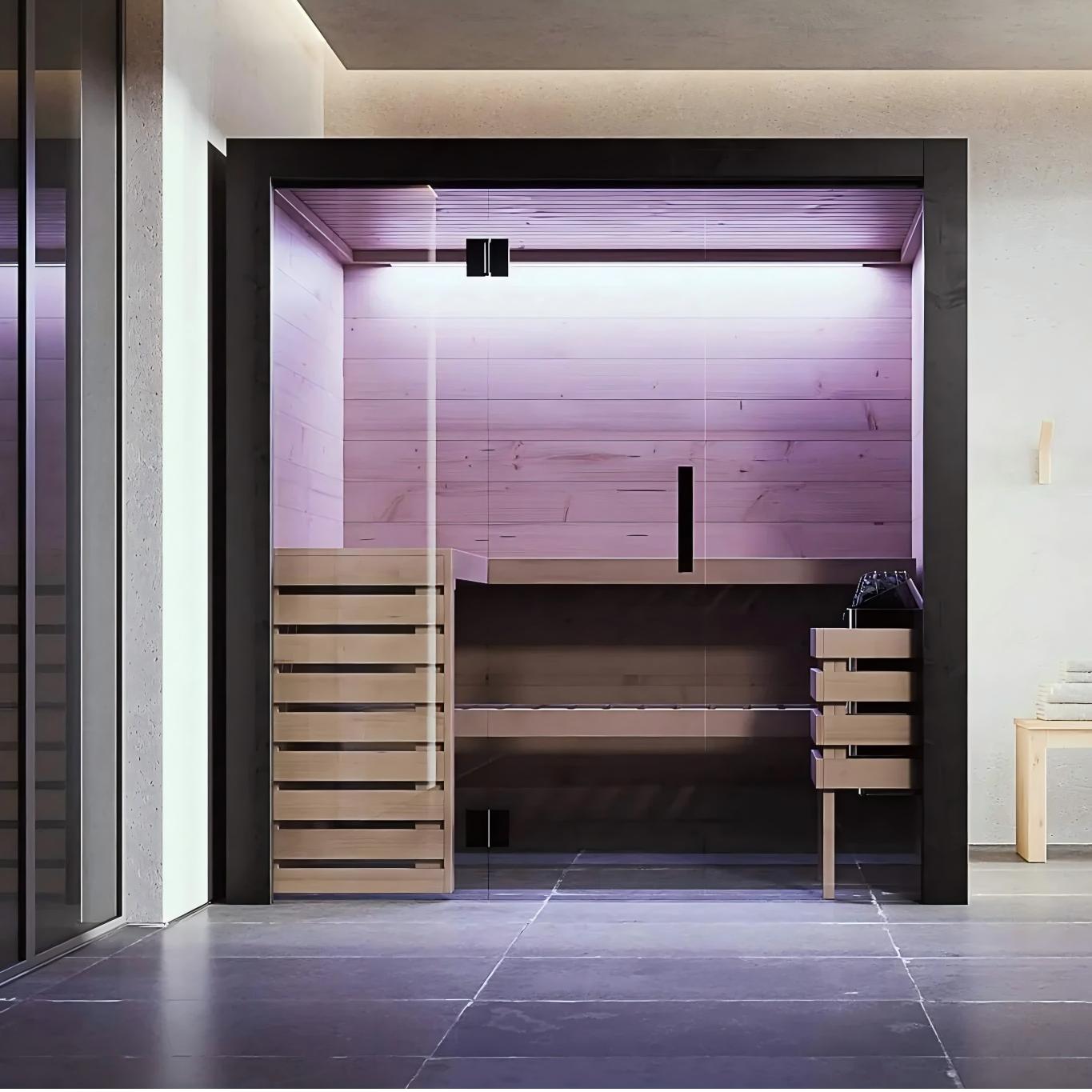 Luxury Indoor Panoramic Sauna, 2-4 Person Glass Wall Sauna Room with Modern Black Frame Exterior angle