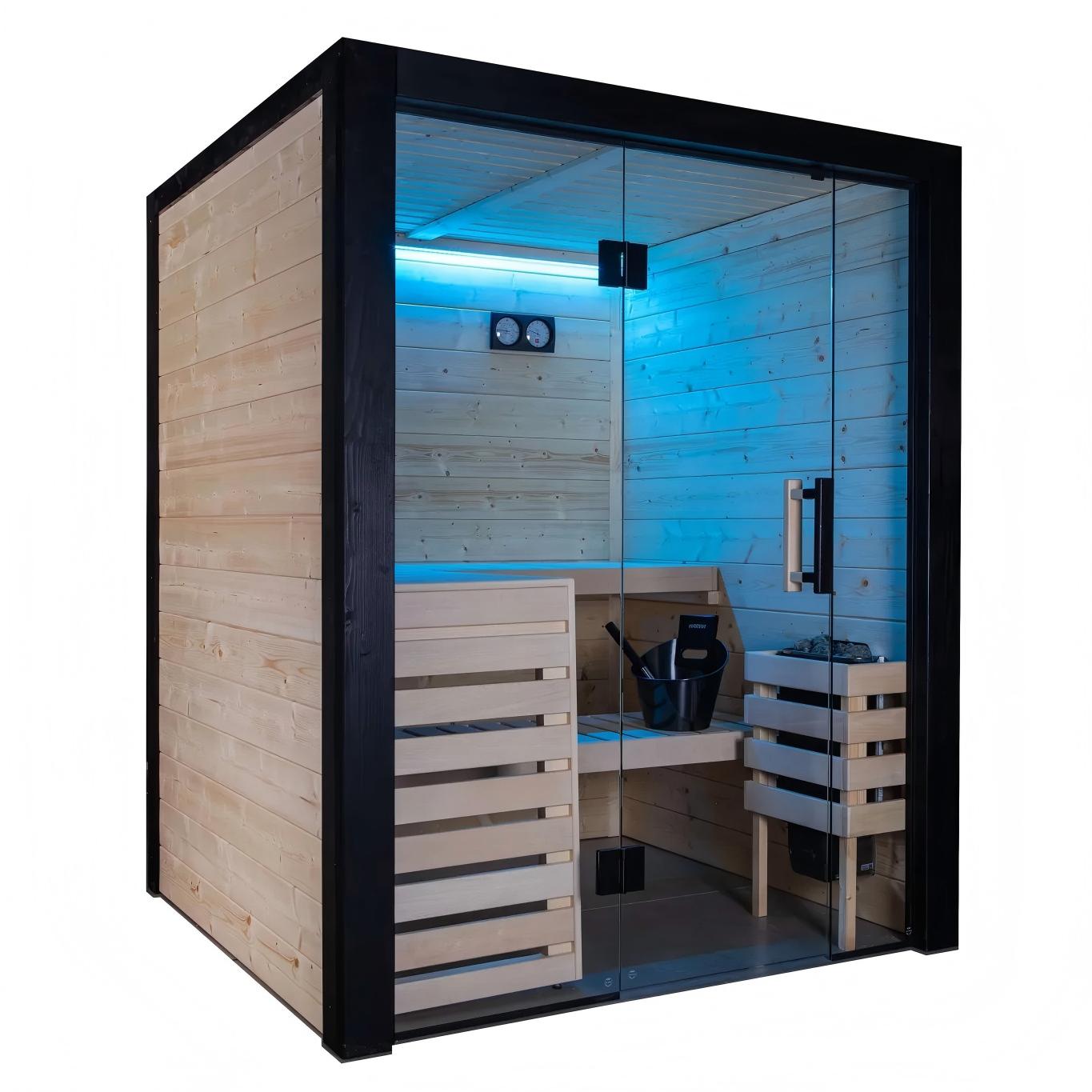 Luxury Indoor Panoramic Sauna, 2-4 Person Glass Wall Sauna Room with Modern Black Frame Interior detail