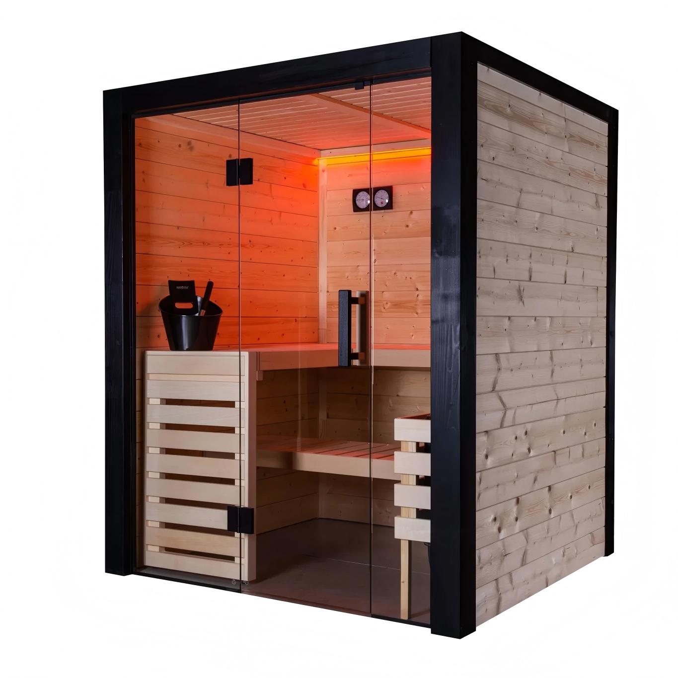 Luxury Indoor Panoramic Sauna, 2-4 Person Glass Wall Sauna Room with Modern Black Frame Door and glass