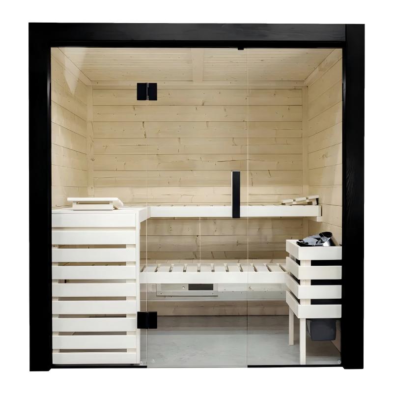 Luxury Indoor Panoramic Sauna, 2-4 Person Glass Wall Sauna Room with Modern Black Frame Side profile
