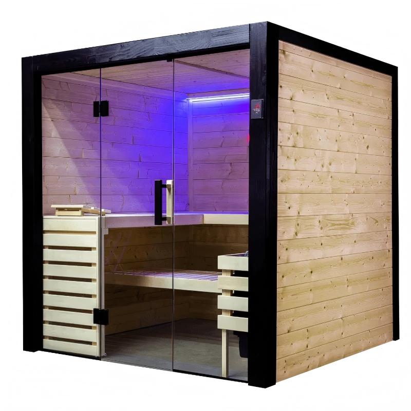 Luxury Indoor Panoramic Sauna, 2-4 Person Glass Wall Sauna Room with Modern Black Frame Buyer reference