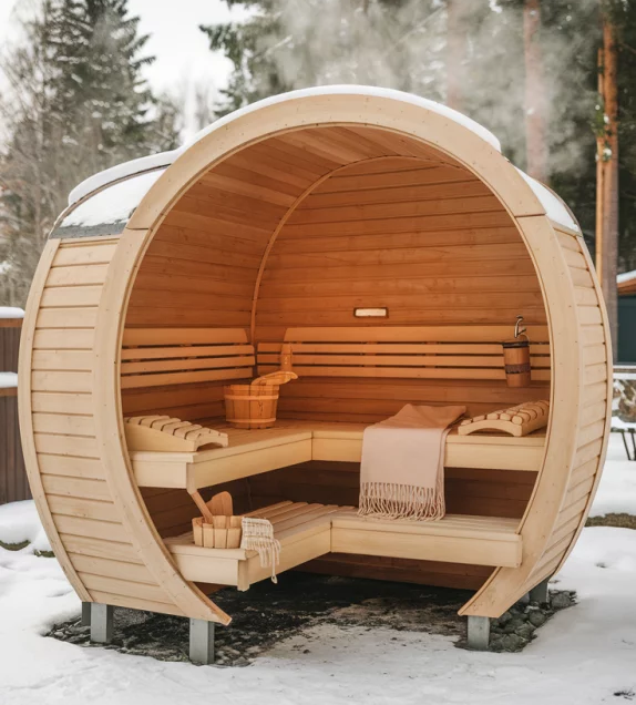 Luxury Modern Design Solid Wood Outdoor Semi-Open Sauna Pod Electric Heating Steam Room for Home Patio Spa or Resort Use Interior detail