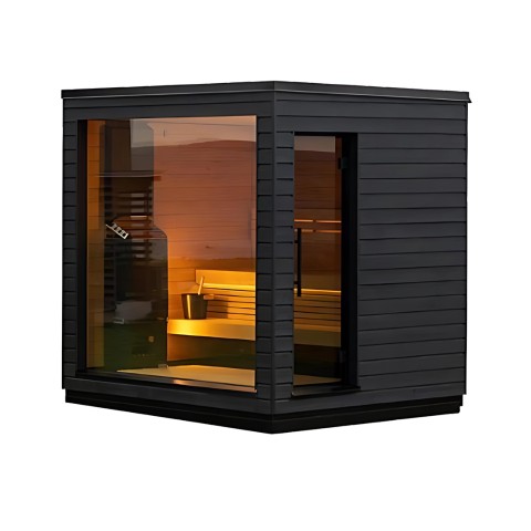 Luxury Prefab Home Sauna with Large Glass Front Interior detail