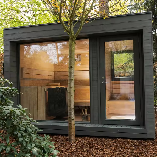Dark Exterior Outdoor Sauna with Corner Window and Blue Bench Lighting CSA-532 product view 1