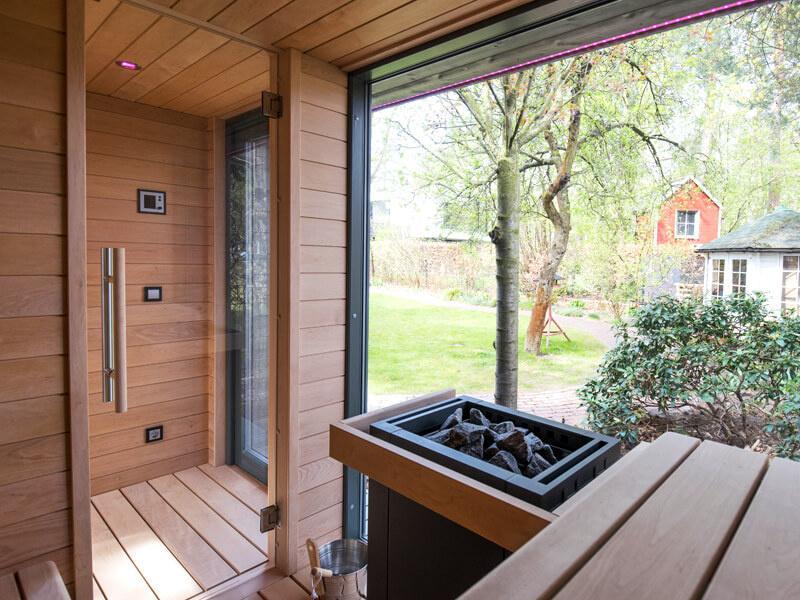 Dark Exterior Outdoor Sauna with Corner Window and Blue Bench Lighting CSA-532 product view 2