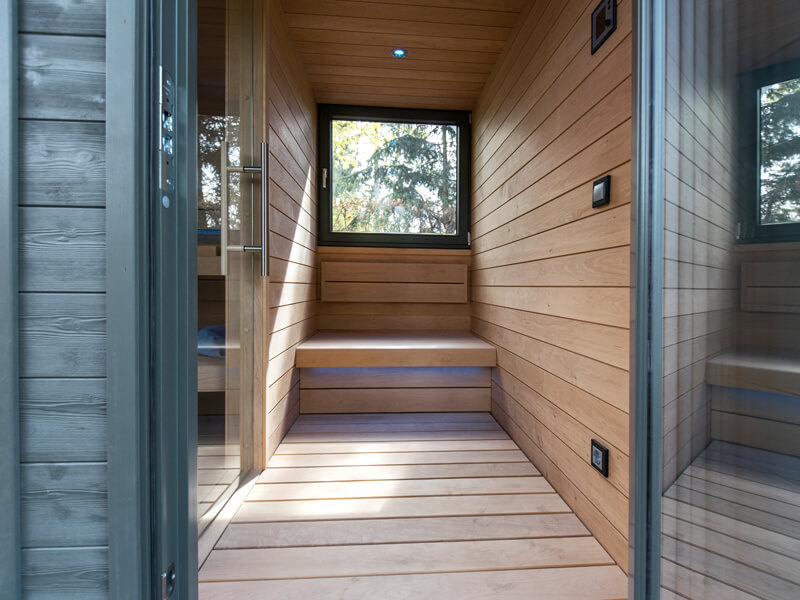 Dark Exterior Outdoor Sauna with Corner Window and Blue Bench Lighting CSA-532 product view 4
