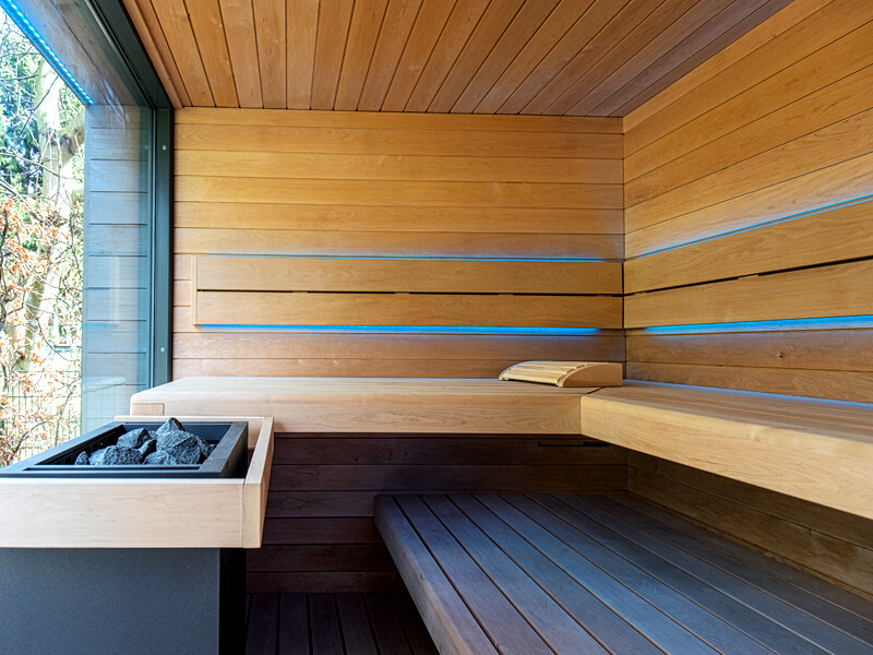 Dark Exterior Outdoor Sauna with Corner Window and Blue Bench Lighting CSA-532 product view 5